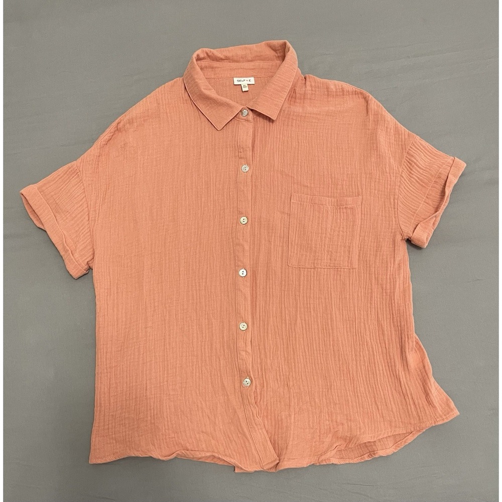 Self E Peach Casual Botton Down Top Front Cuff Short Sleeves Women's XL